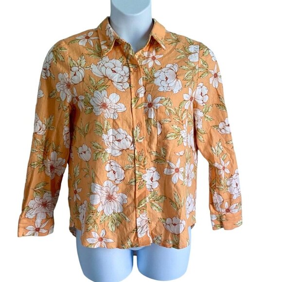 Blue Sol Linen Blend Floral Long Sleeve Button Up Shirt Roll Tab Women's Medium - Picture 2 of 10